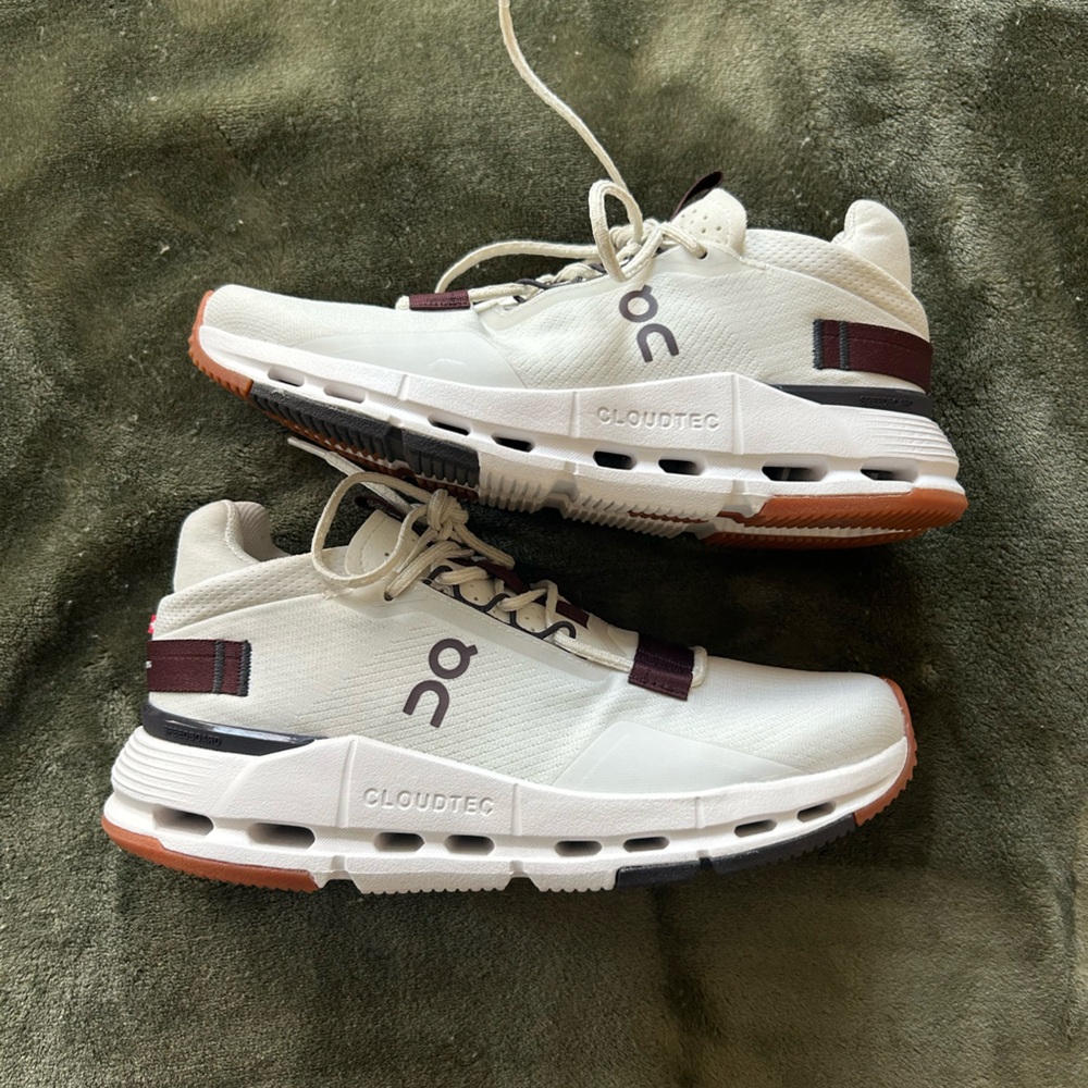 On Running Cloudnova 2 Women’s White Sneakers with Burgundy and Gum Accents